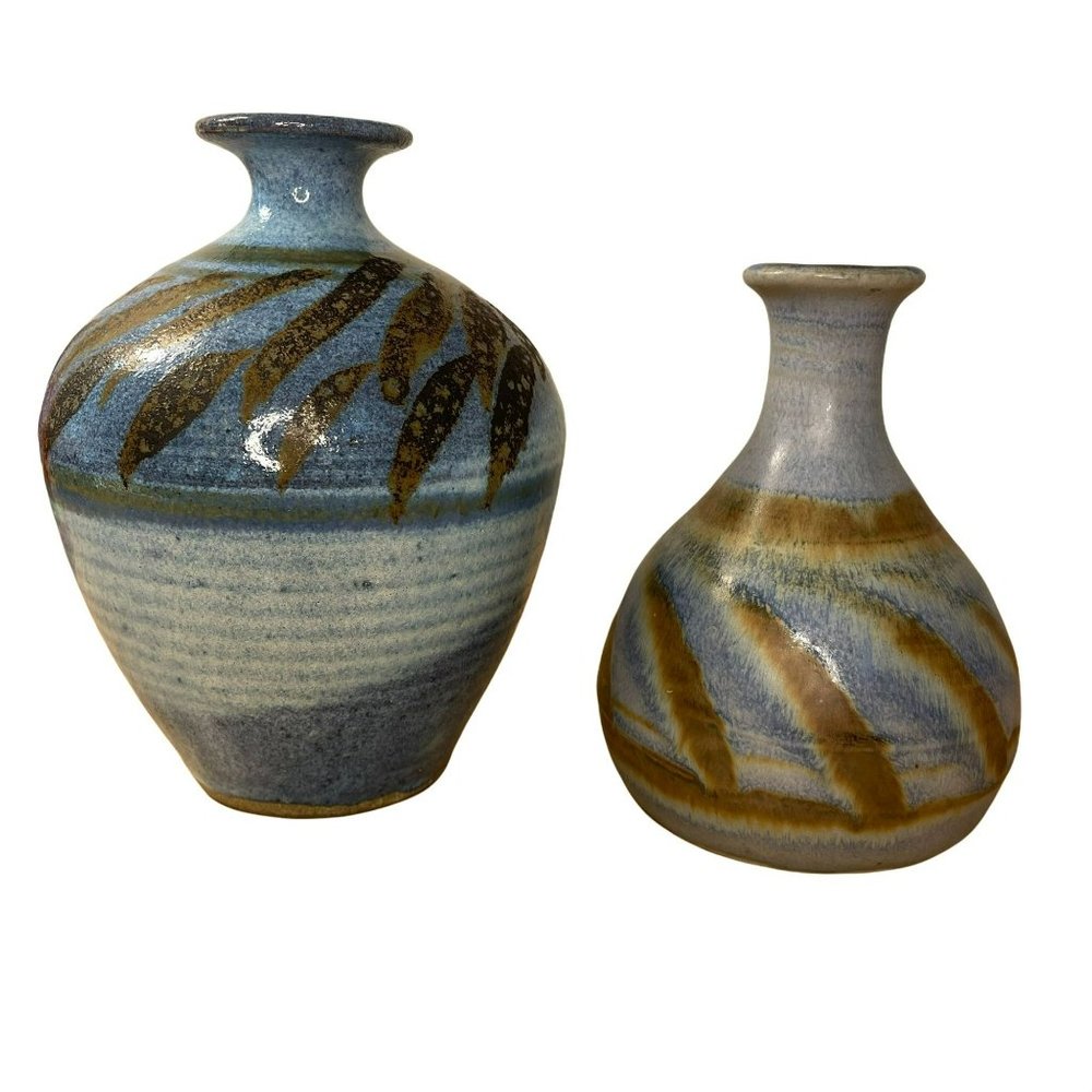 Set Hand Thrown Studio Art Pottery Vases Decorative Leaf Design Blue Tan Signed
